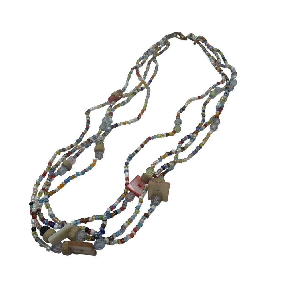 Multicolor Beaded Necklace Four Strand Glass Wood Shell Beads Lobster Clasp